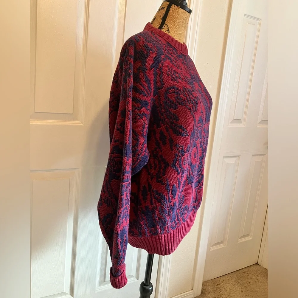 Vintage 80’s Lord Jeff 100% Fine Cotton maroon navy knit crew neck Sweater L